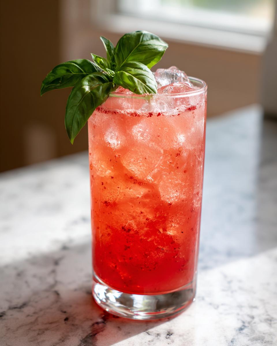 Close-up of a tall glass filled with a vibrant Strawberry Basil Pineapple Mocktail, ice, and garnished with fresh basil.