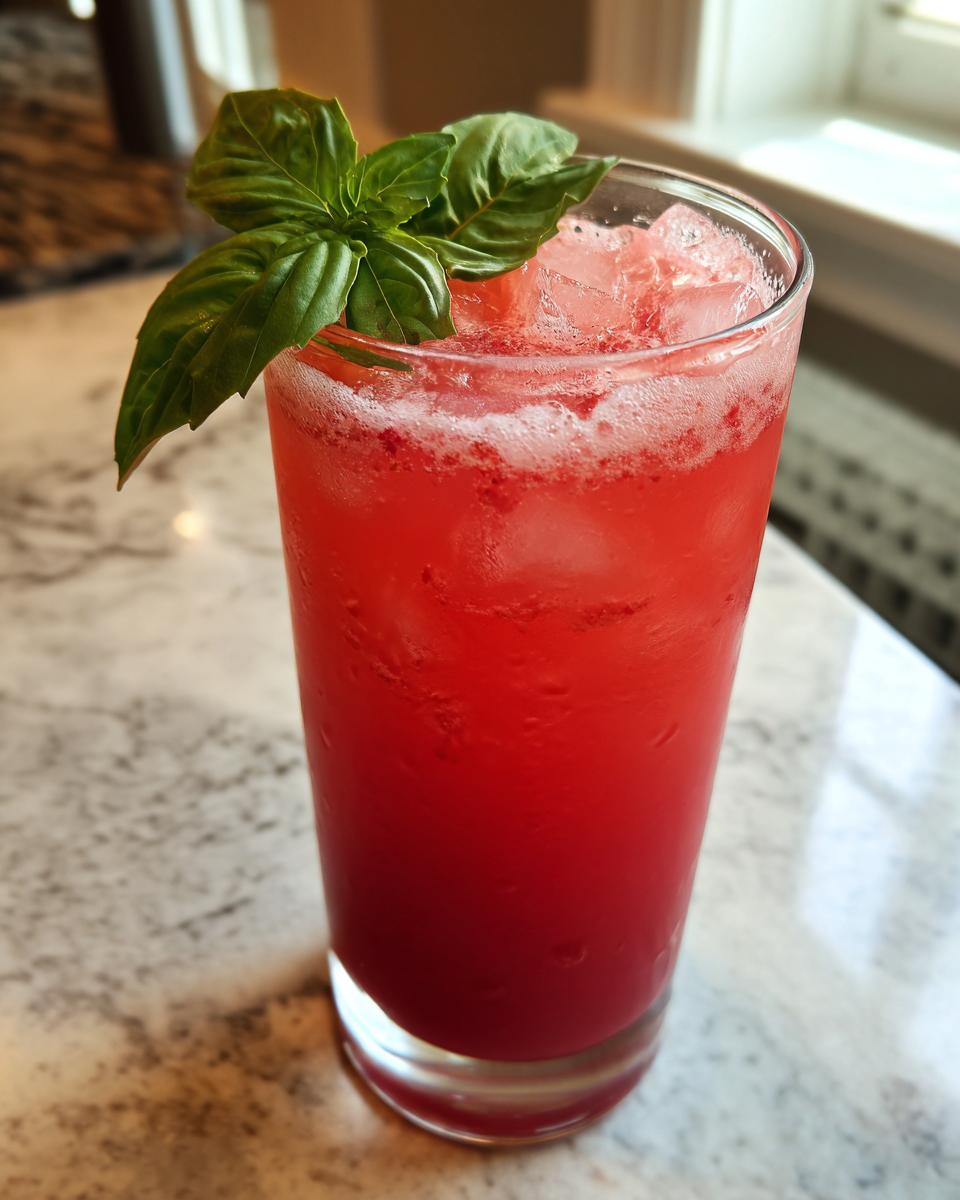 Close-up of a tall glass filled with bright red Strawberry Basil Pineapple Mocktail over ice, garnished with fresh basil leaves.