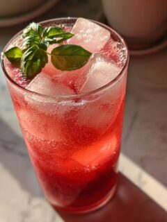 Close-up of a tall glass filled with a vibrant red Strawberry Basil Pineapple Mocktail, ice cubes, and garnished with fresh basil.