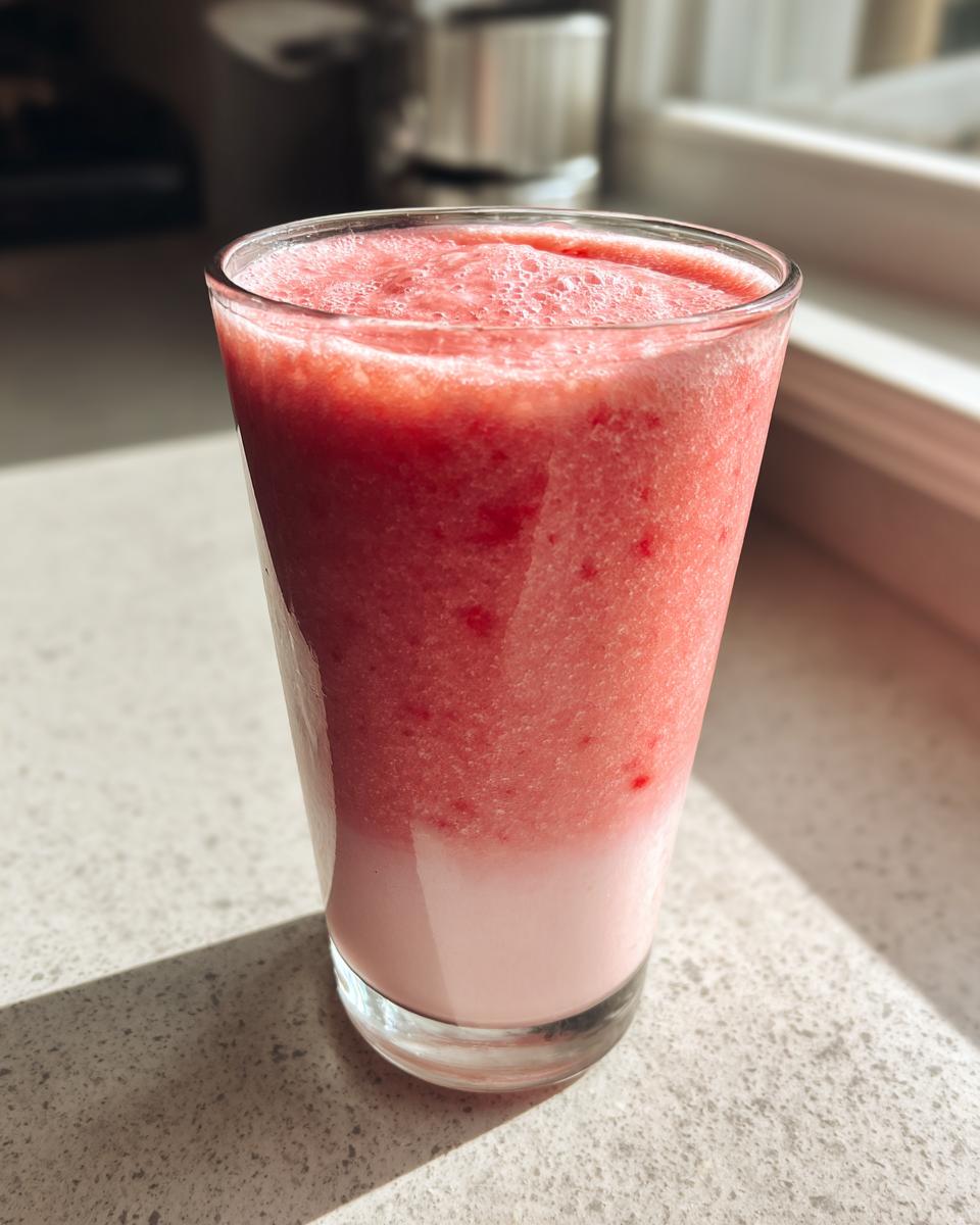 A tall glass filled with a vibrant pink Strawberry Coconut Milkshake, layered over a lighter pink base.