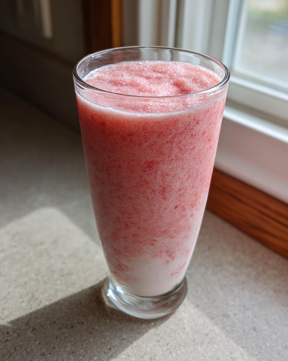 A tall glass filled with a pink, frothy Strawberry Coconut Milkshake sitting on a light countertop near a window.