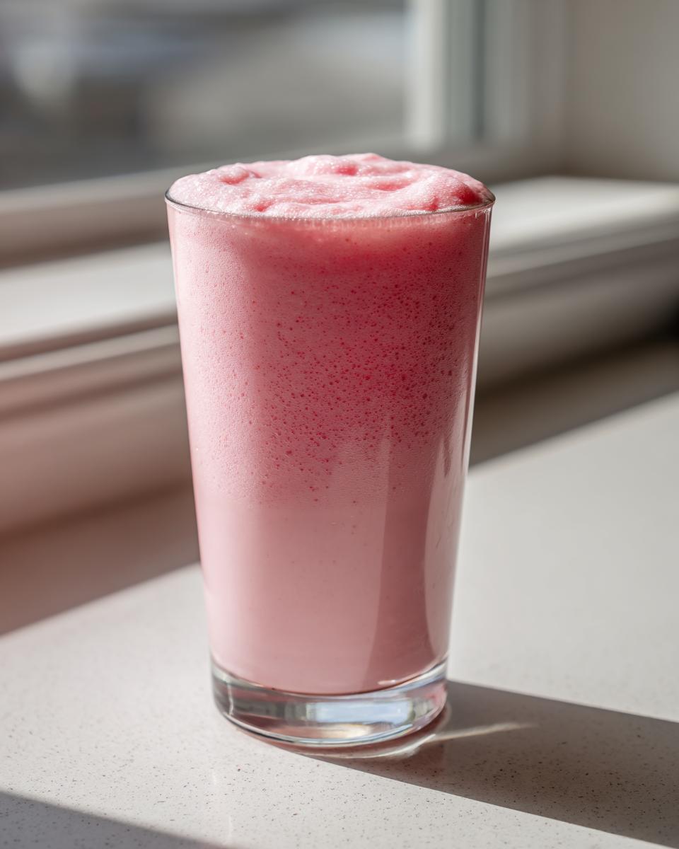 A tall glass filled with a frothy pink Strawberry Coconut Milkshake, sitting on a white counter near a window.