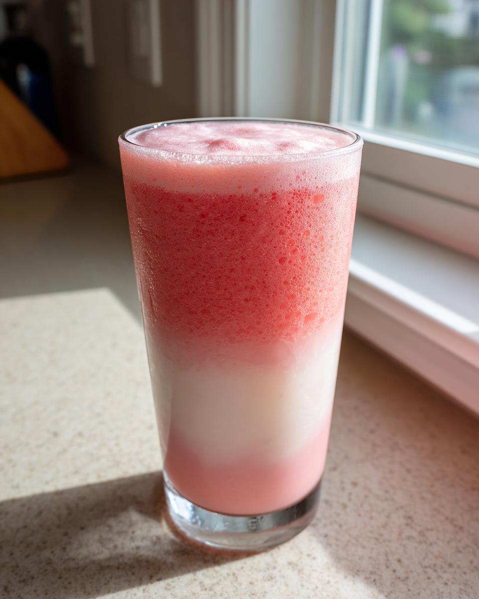 A tall glass showing a layered Strawberry Coconut Milkshake, with pink foam on top and white/pink layers below, sitting by a window.