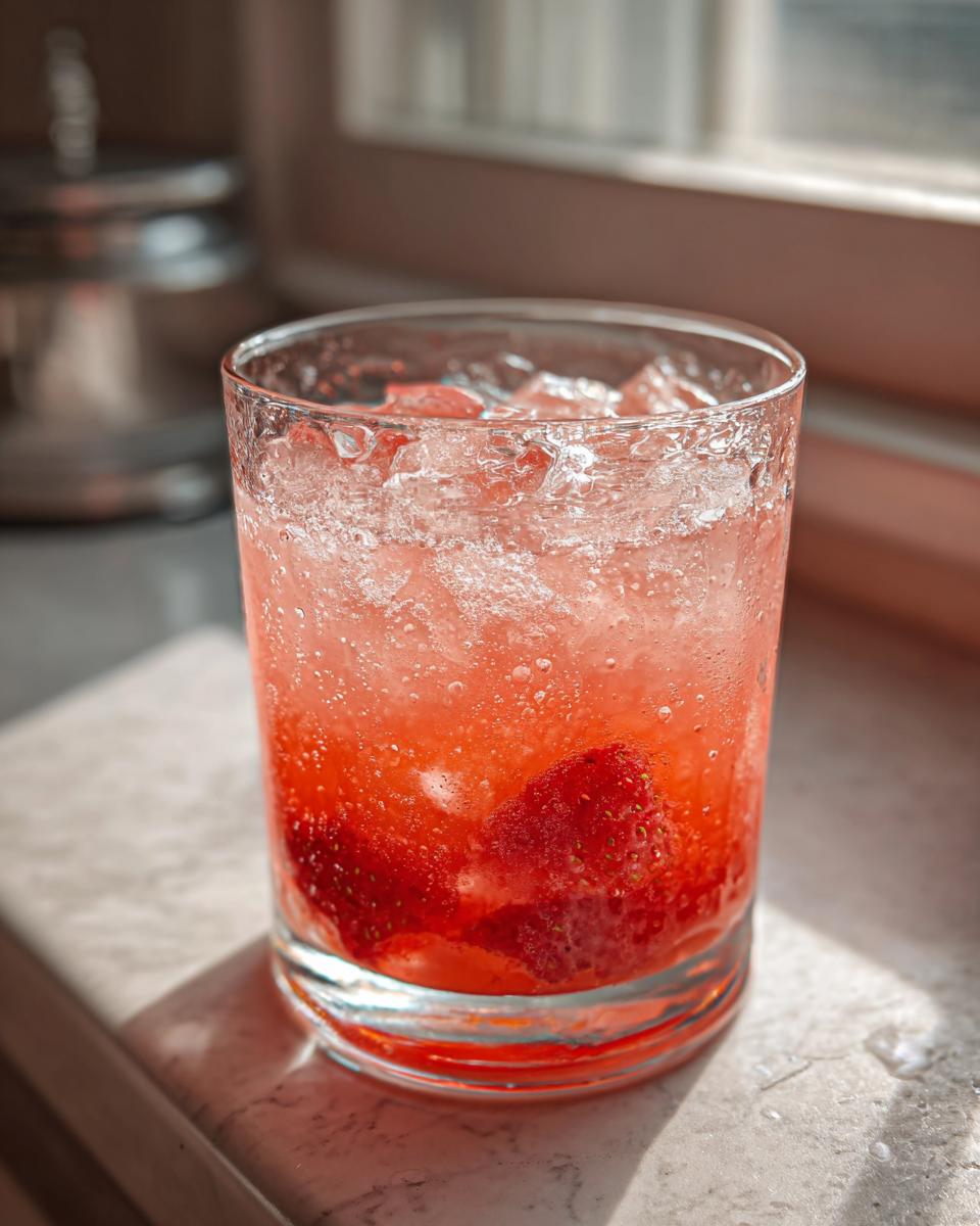 A close-up of a bubbly Strawberry Grapefruit Mocktail filled with crushed ice and fresh strawberry pieces.