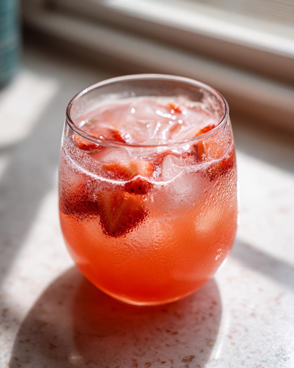 Close-up of a chilled Strawberry Grapefruit Mocktail in a glass with ice and strawberry slices.