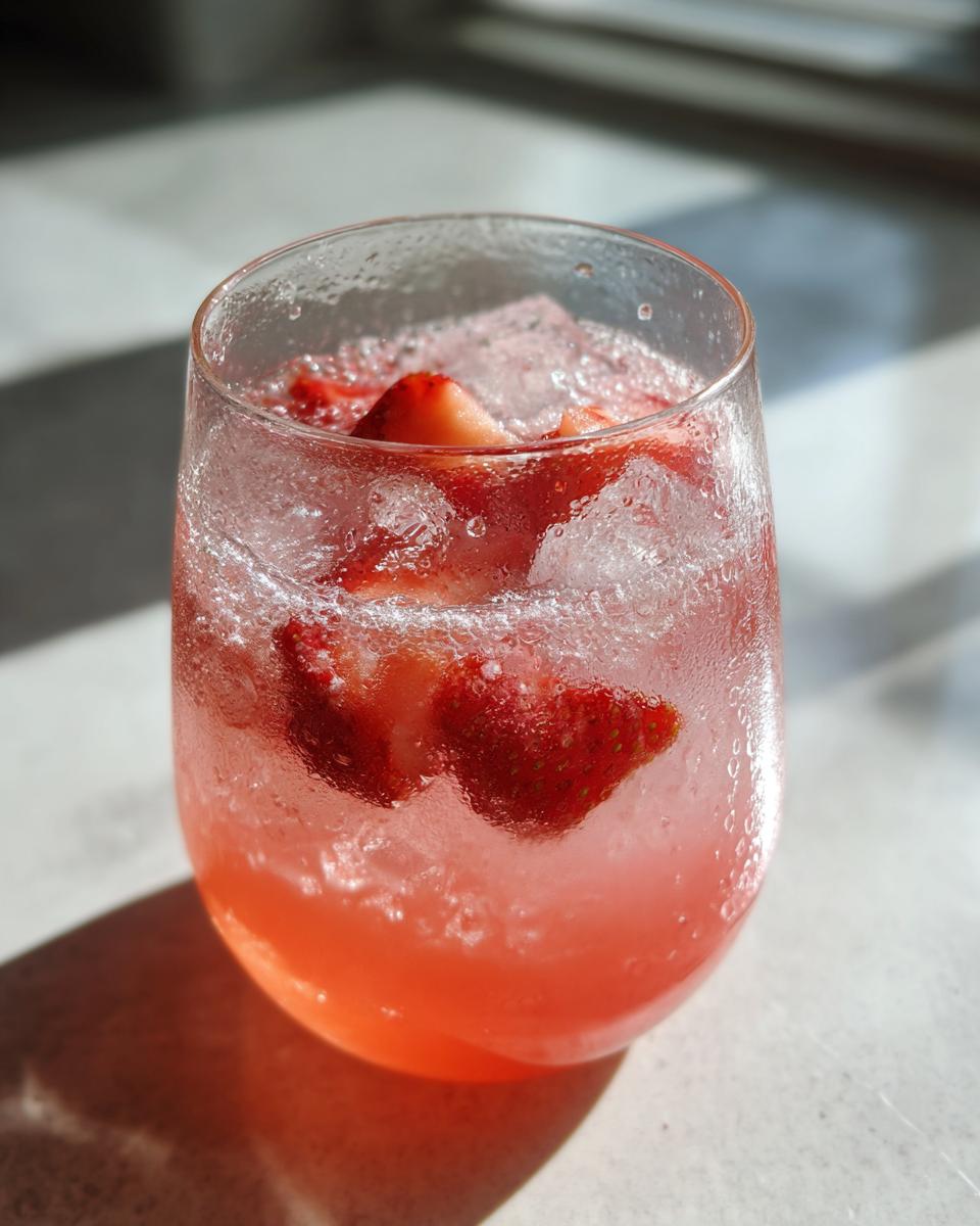 Close-up of a chilled Strawberry Grapefruit Mocktail filled with ice and fresh strawberry slices.