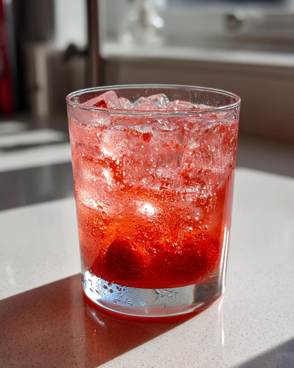 Close-up of a chilled Strawberry Grapefruit Mocktail filled with ice cubes and whole strawberries at the bottom.