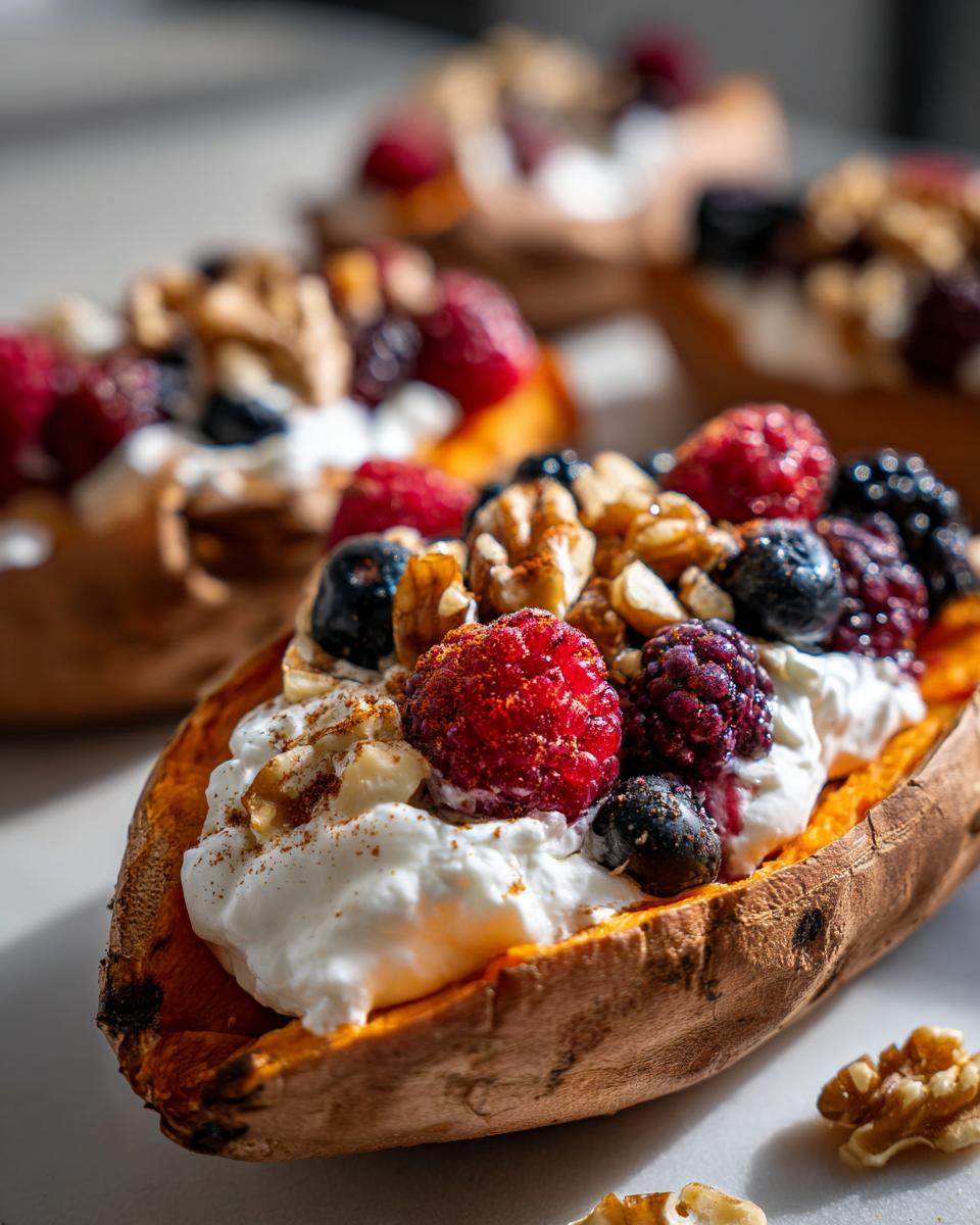 Close-up of a Sweet Potato Berry Breakfast Boats filled with yogurt, fresh raspberries, blueberries, blackberries, and walnuts.