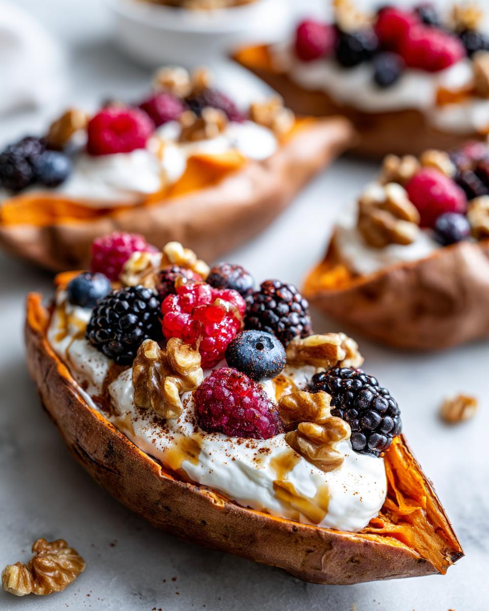 Close-up of a Sweet Potato Berry Breakfast Boat filled with yogurt, mixed berries, and walnuts.