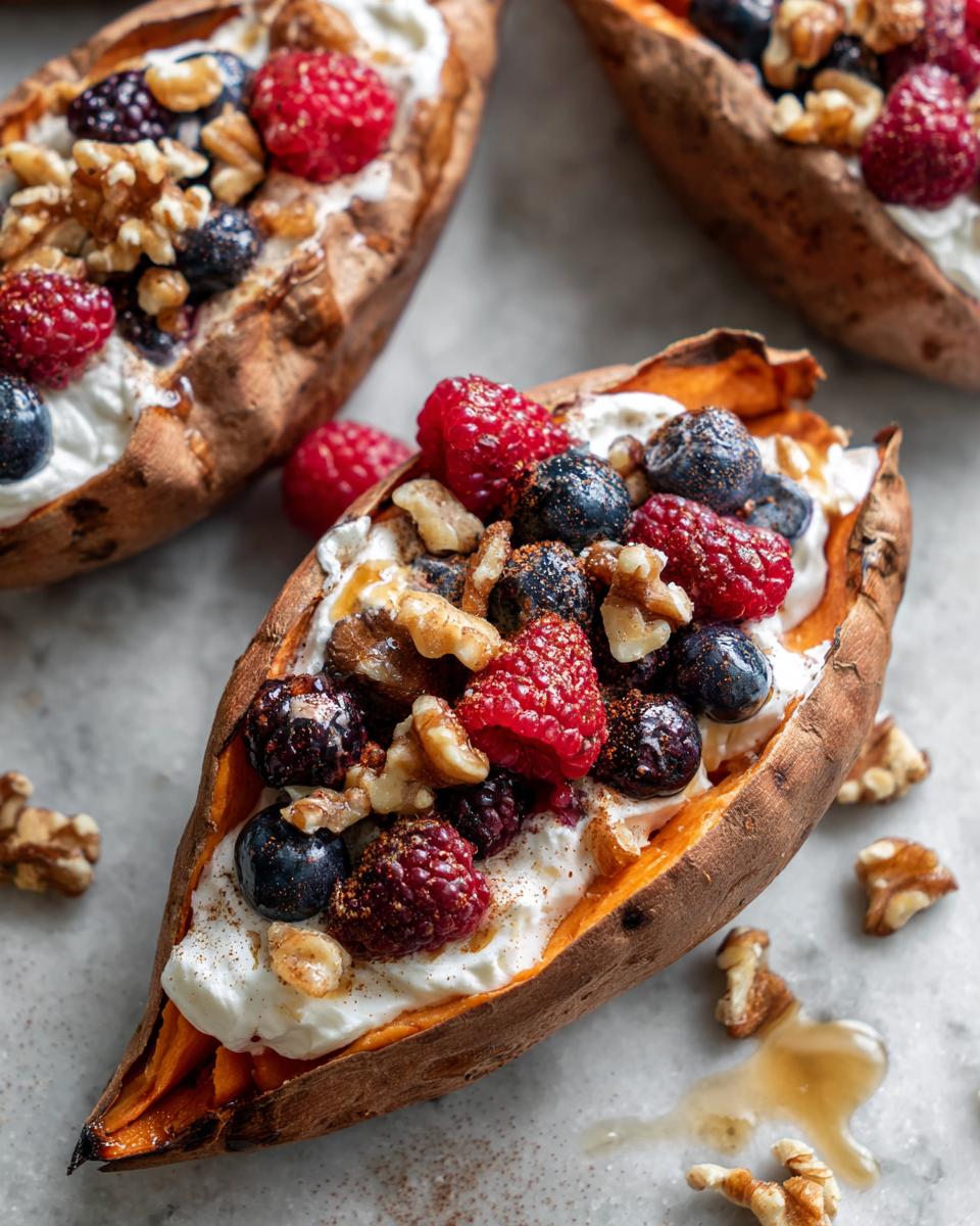 Close-up of a Sweet Potato Berry Breakfast Boat filled with yogurt, raspberries, blueberries, and walnuts.