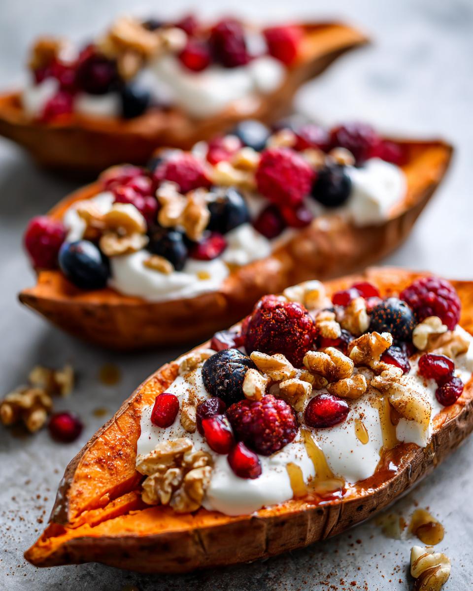 Close-up of a baked sweet potato half filled with yogurt, topped with berries, walnuts, and honey for Sweet Potato Berry Breakfast Boats.