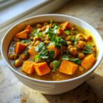 A close-up of a white bowl filled with vibrant Sweet Potato Chickpea Curry, topped with fresh cilantro.
