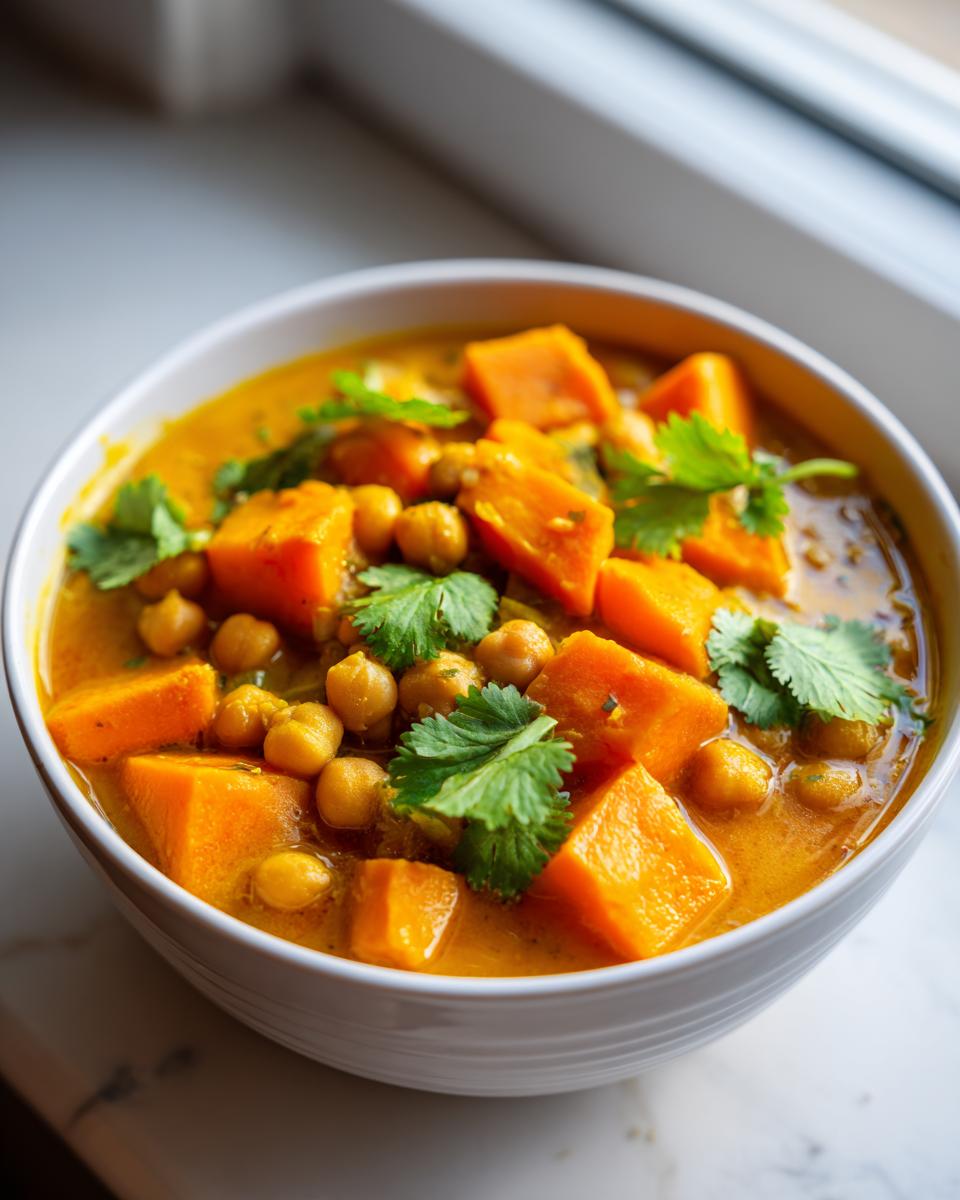 A close-up view of a warm bowl of Sweet Potato Chickpea Curry, featuring bright orange chunks and chickpeas topped with fresh cilantro.