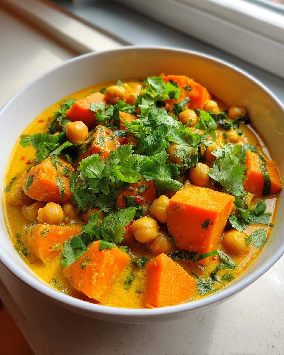 A close-up view of a vibrant Sweet Potato Chickpea Curry served in a white bowl, topped generously with fresh cilantro.