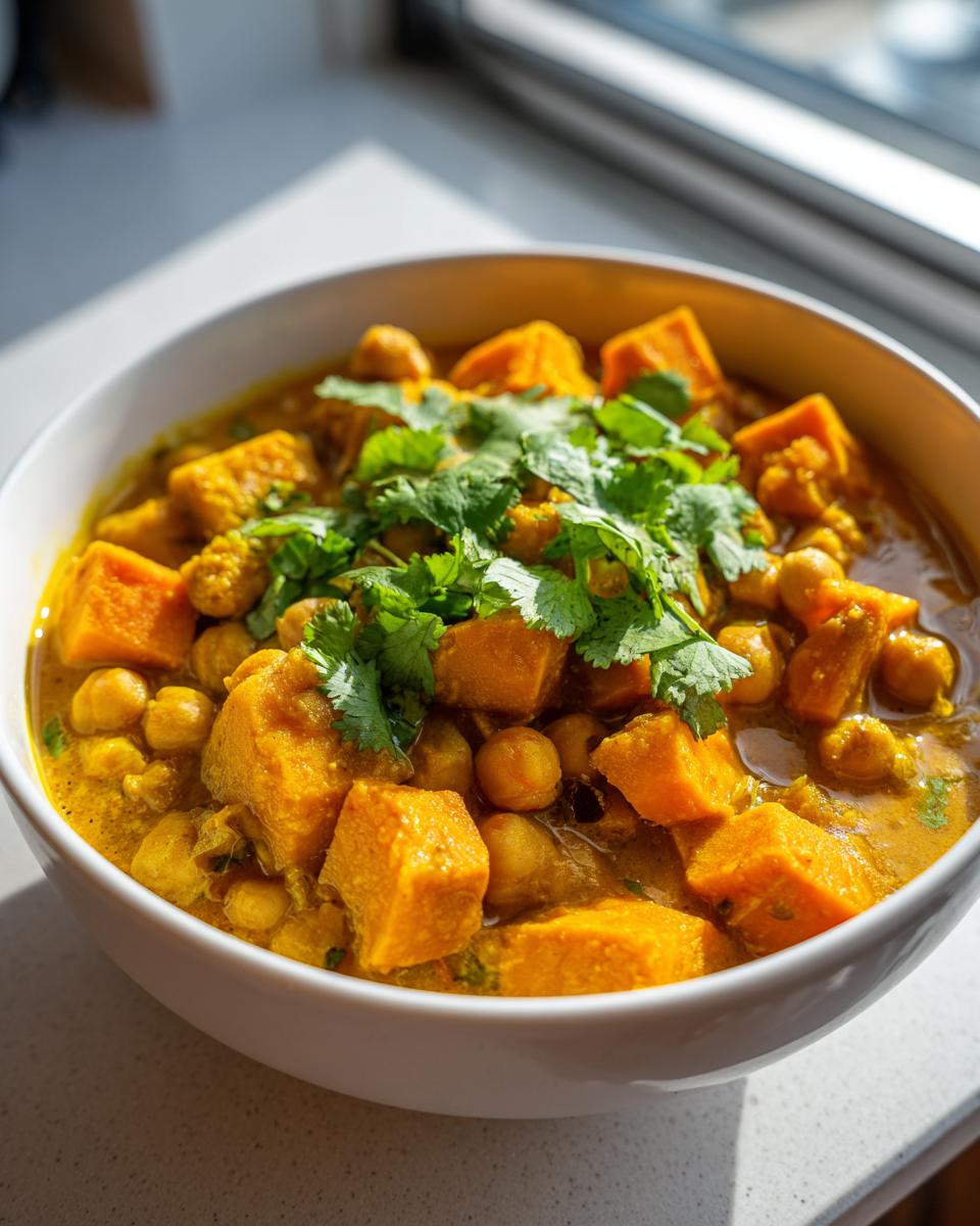 A close-up of vibrant Sweet Potato Chickpea Curry, featuring chunks of orange sweet potato and chickpeas in a yellow sauce, topped with fresh cilantro.