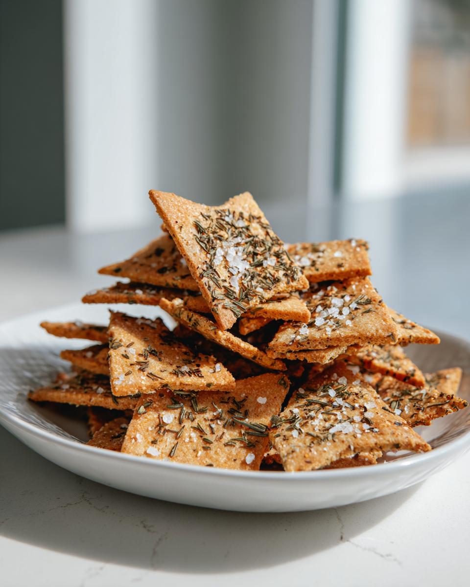 A stack of golden brown Sweet Spicy Herb Crackers topped with rosemary and coarse sea salt in a white bowl.
