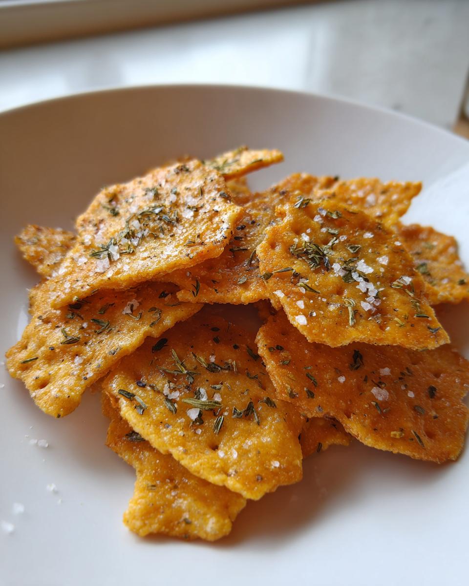 A pile of orange, crispy Sweet Spicy Herb Crackers topped with dried herbs and coarse sea salt.