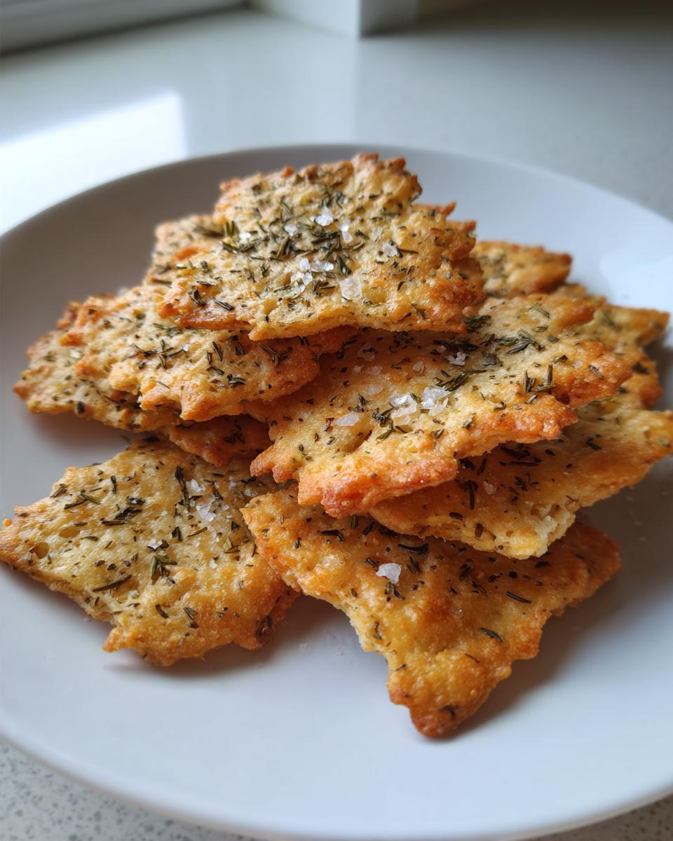 A pile of golden brown Sweet Spicy Herb Crackers seasoned with dried herbs and coarse sea salt on a white plate.