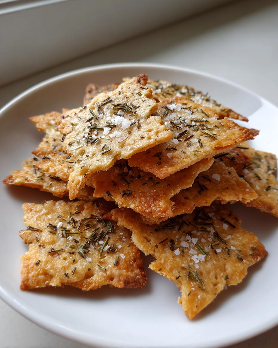 A stack of golden brown Sweet Spicy Herb Crackers topped with dried rosemary and coarse sea salt.