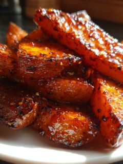 Close-up of glistening, caramelized Sweet Spicy Honey Chili Wedges piled on a white plate.