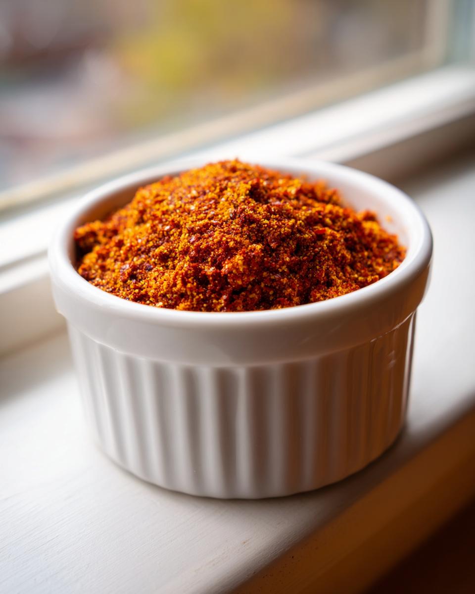 Close-up of vibrant red Taco Seasoning Recipe spice blend piled high in a small white ramekin.