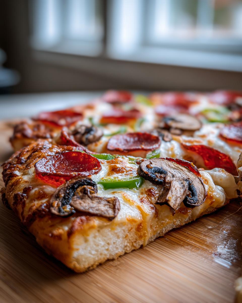 Close-up of a thick-crust pizza slice featuring pepperoni, mushrooms, and green peppers, one of the Best Pizza Toppings.