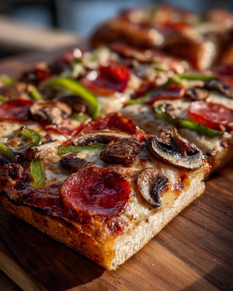 Close-up of a thick-crust pizza slice featuring pepperoni, mushrooms, and green peppers, highlighting the Best Pizza Toppings For Any Night.