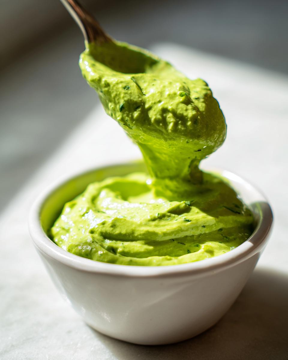 A spoonful of thick, vibrant green Jalapeno Ranch Sauce Dairy Free being lifted from a small white bowl.
