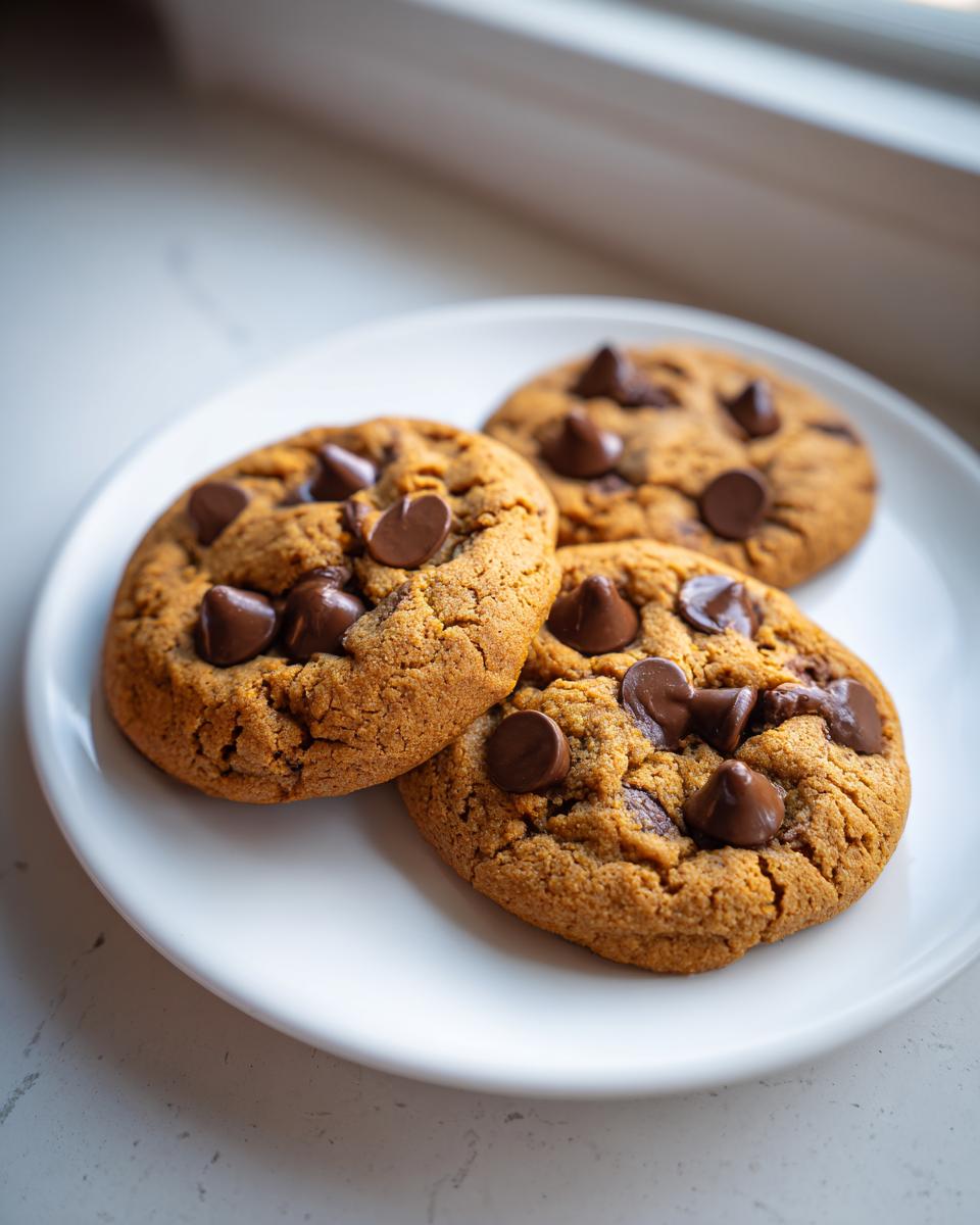 Three perfectly baked Vegan Chocolate Chip Cookies resting on a white plate near a window.