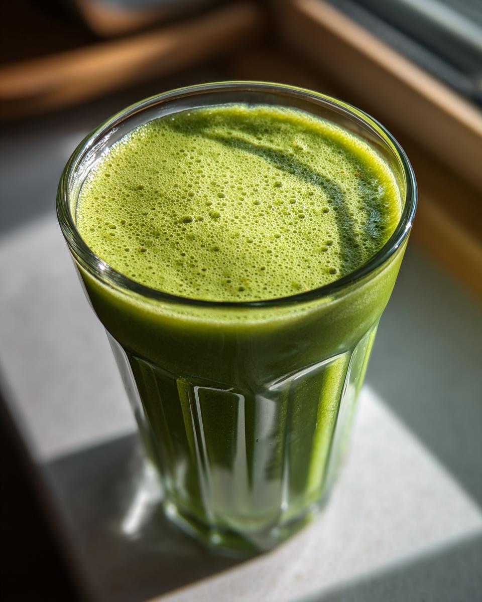 Close-up of a vibrant Tropical Green Detox Smoothie with foamy top sitting in a textured glass.