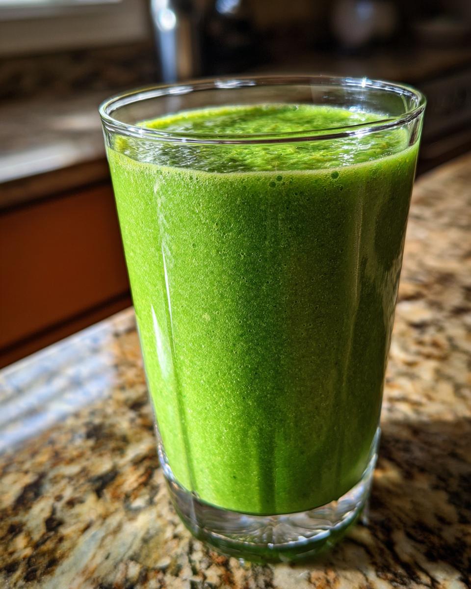 A close-up of a tall glass filled with a vibrant, thick Tropical Green Detox Smoothie.