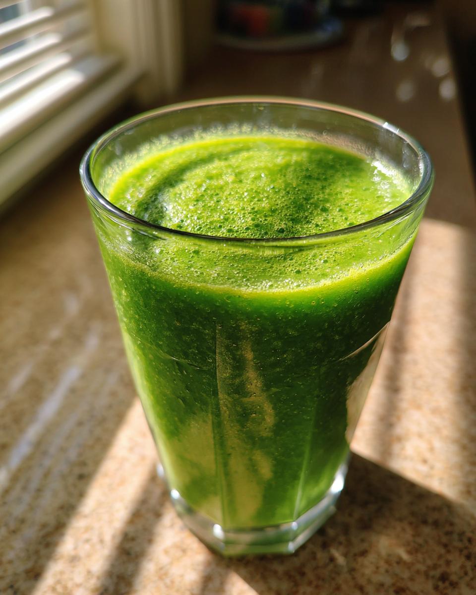 Close-up of a vibrant, frothy Tropical Green Detox Smoothie in a clear glass, set near a sunny window.