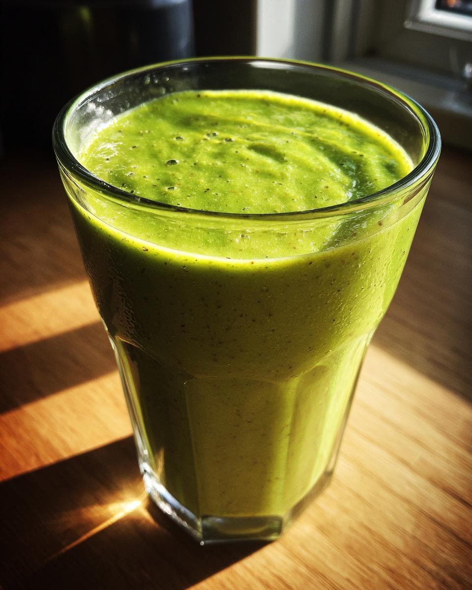 Close-up of a vibrant, thick Tropical Green Detox Smoothie served in a clear, faceted glass on a wooden surface.