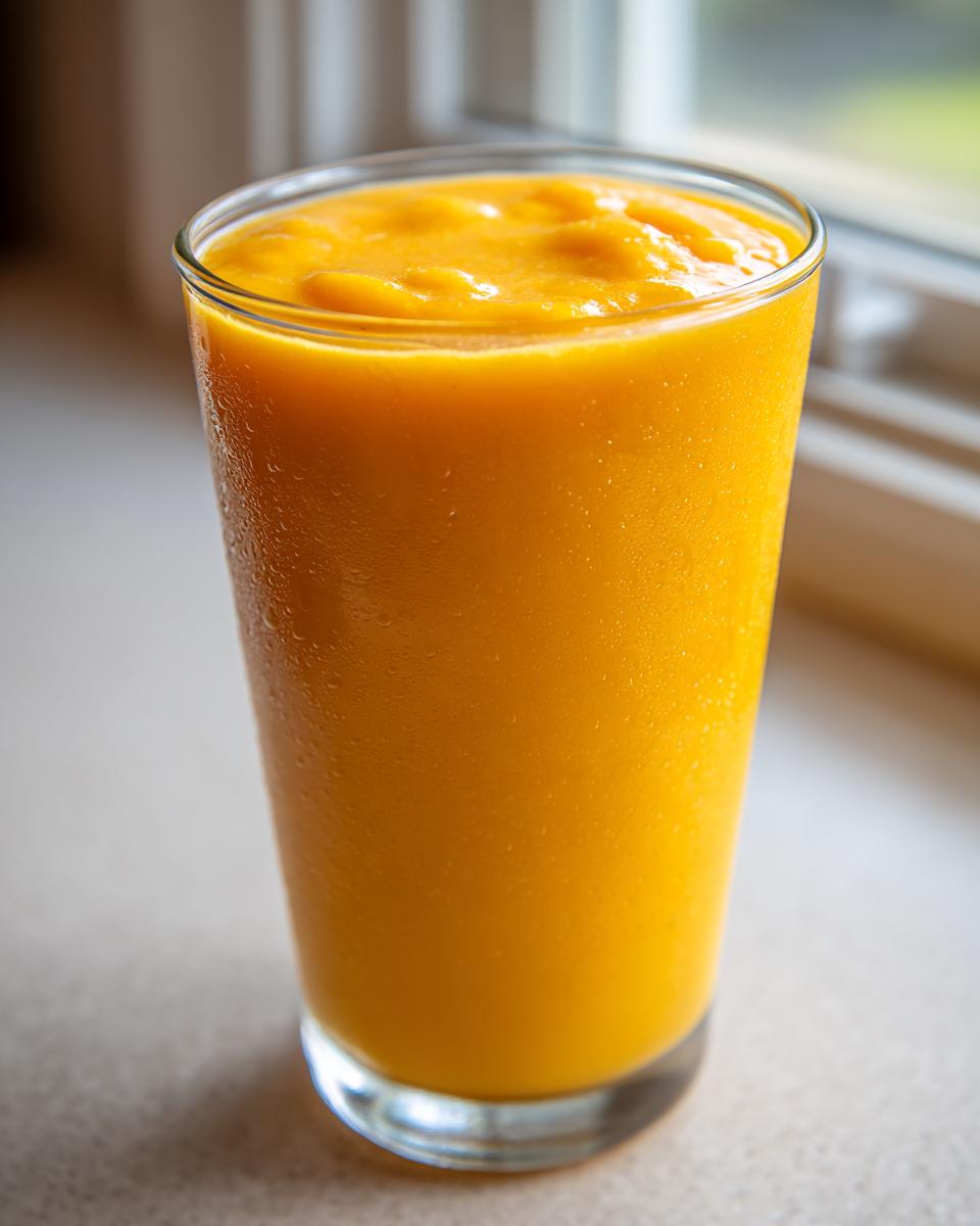 A tall glass filled with a thick, bright orange Tropical Mango Smoothie, showing condensation on the outside.