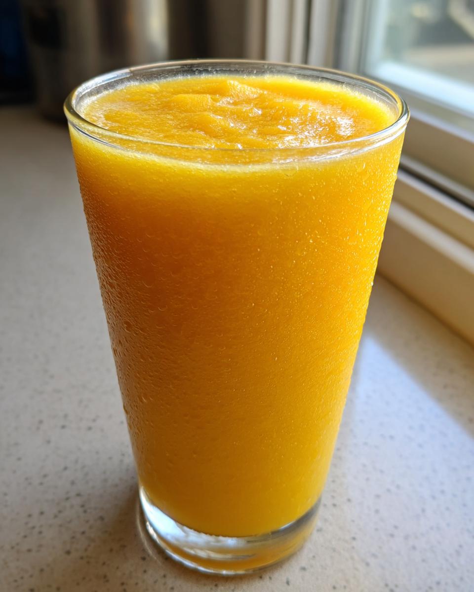 A tall, condensation-covered glass filled with a thick, bright orange Tropical Mango Smoothie.