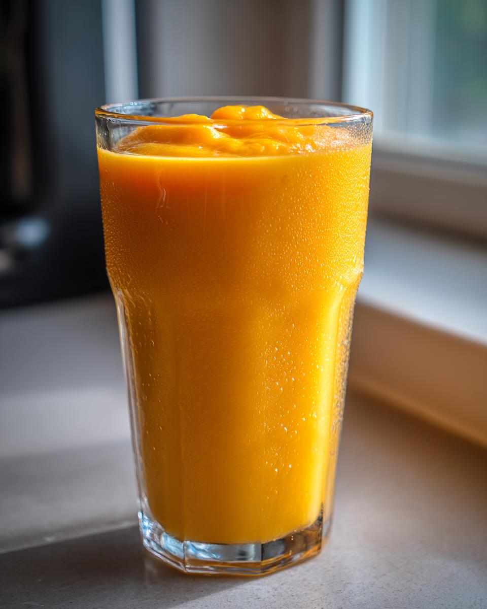 A tall, condensation-covered glass filled with a thick, bright orange Tropical Mango Smoothie.
