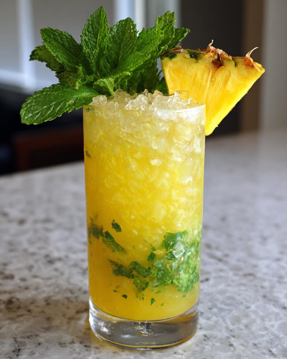 A tall glass filled with a bright yellow Tropical Pineapple Mint Mocktail, crushed ice, muddled mint, and garnished with fresh mint and a pineapple wedge.