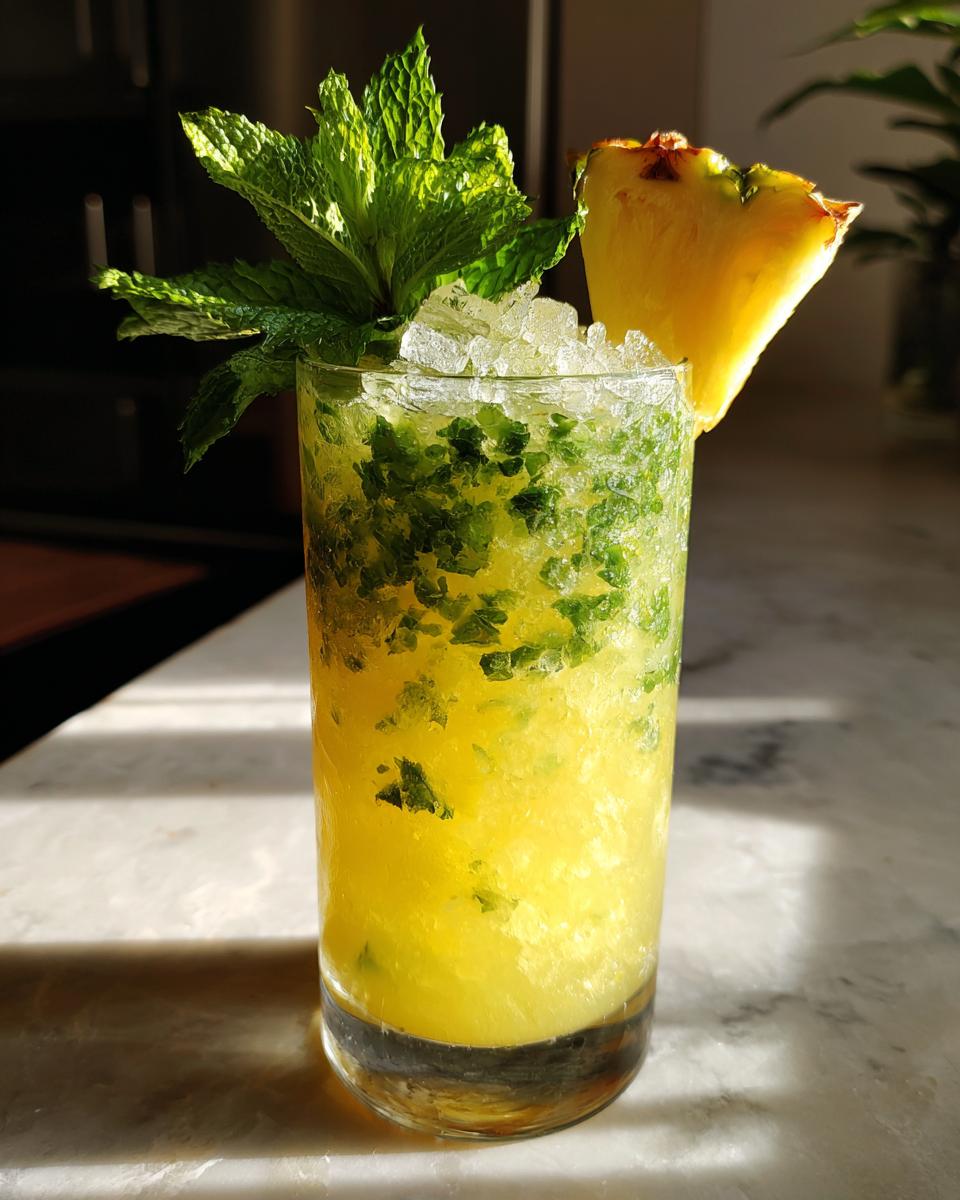 Close-up of a Tropical Pineapple Mint Mocktail with crushed ice, muddled mint, and pineapple garnish.