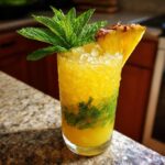 A tall glass filled with a bright yellow Tropical Pineapple Mint Mocktail, crushed ice, mint leaves, and a pineapple wedge garnish.
