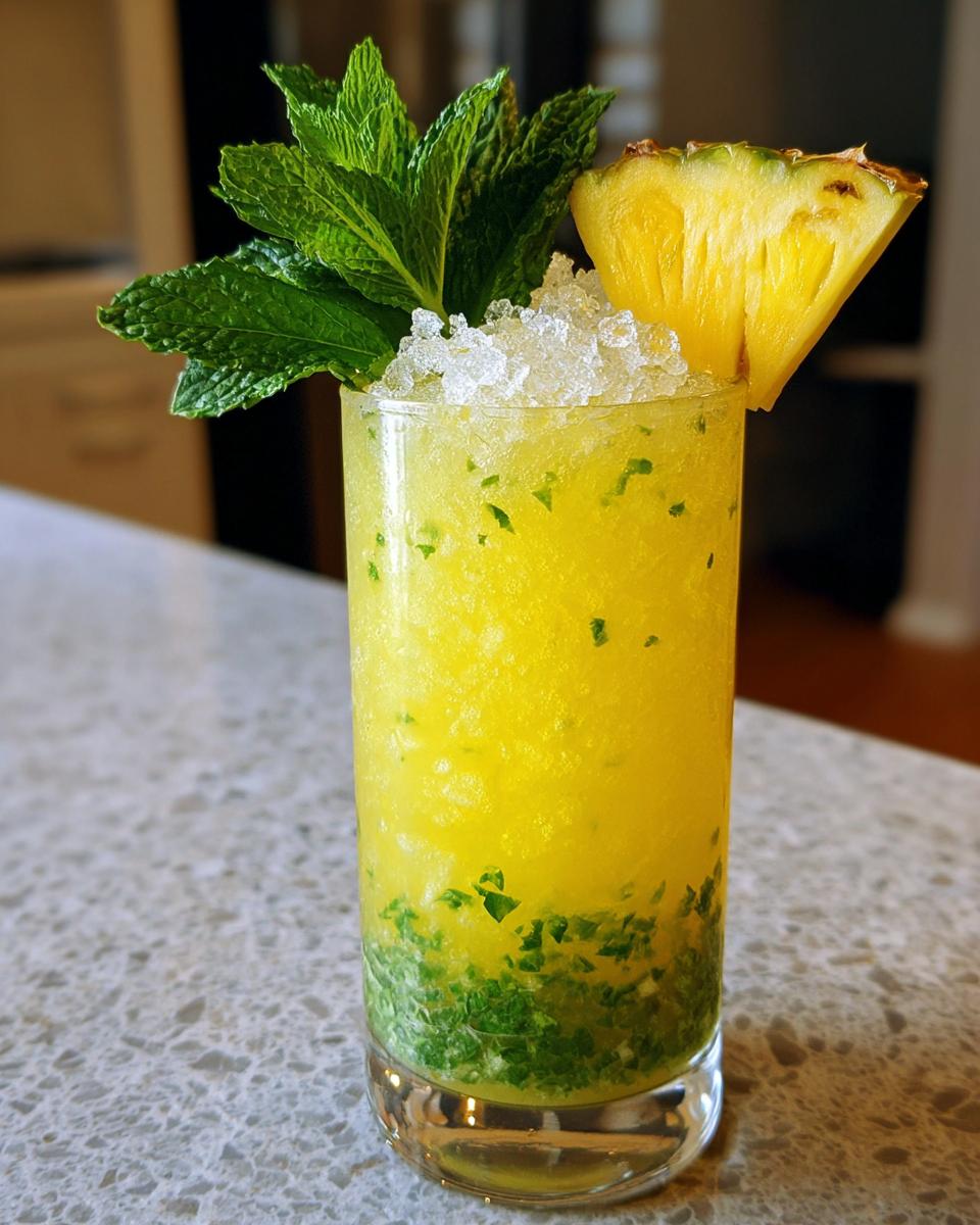 A tall glass filled with a bright yellow Tropical Pineapple Mint Mocktail, crushed ice, and muddled mint.