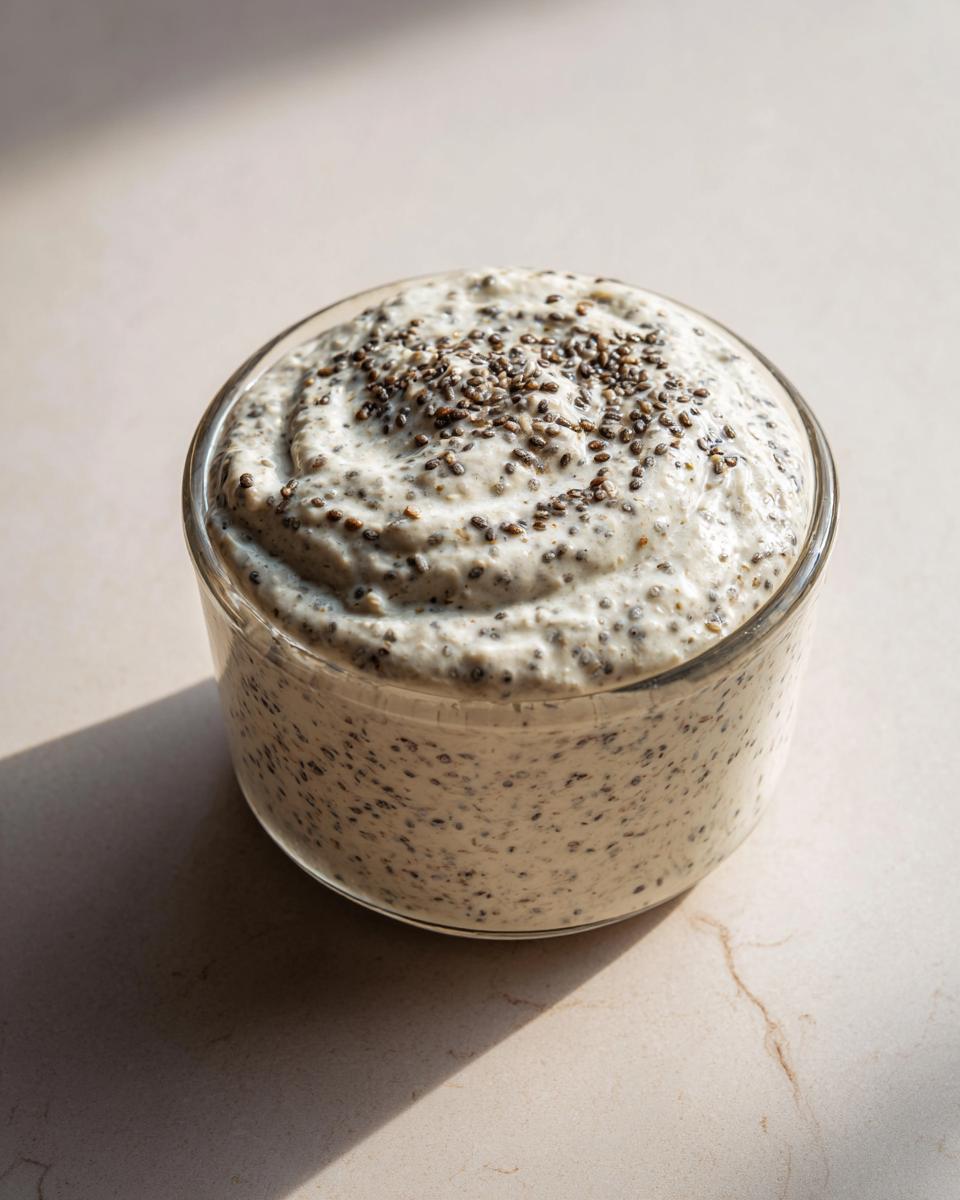 A close-up of thick Vanilla Bean Chia Pudding topped with extra chia seeds in a clear glass.