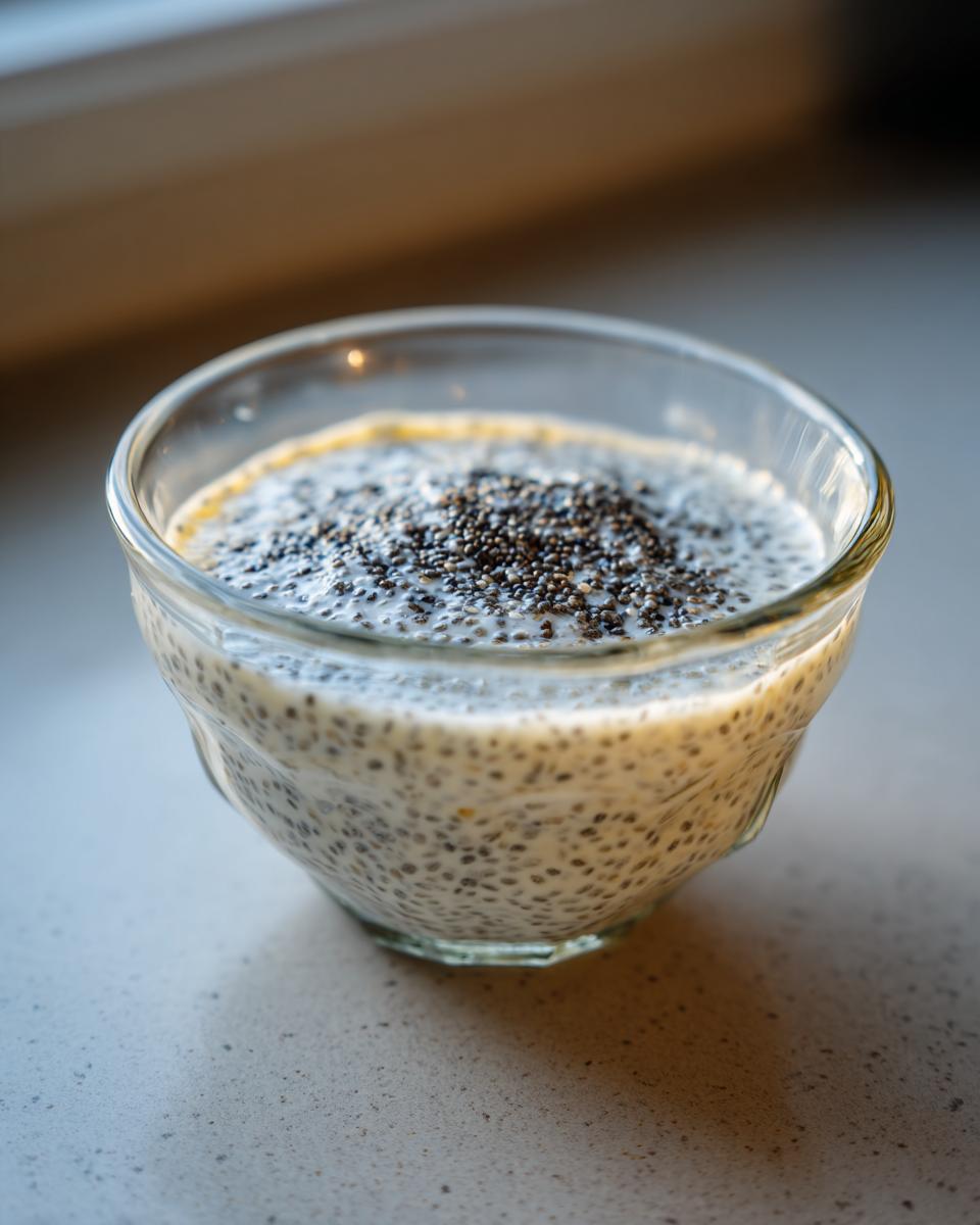 A glass bowl filled with creamy Vanilla Bean Chia Pudding, topped with extra chia seeds.