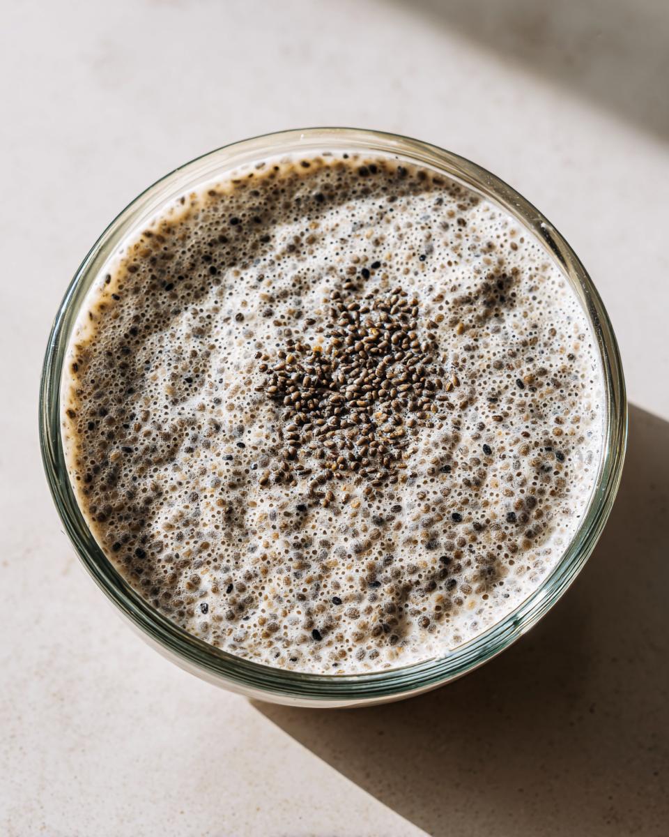 Overhead view of creamy Vanilla Bean Chia Pudding in a glass, showing the texture of soaked chia seeds.