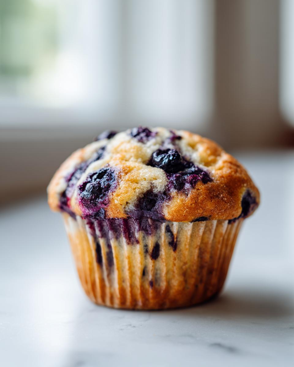 A perfectly baked, golden-brown Vegan Blueberry Muffin with visible blueberries on top, sitting on a white marble surface.