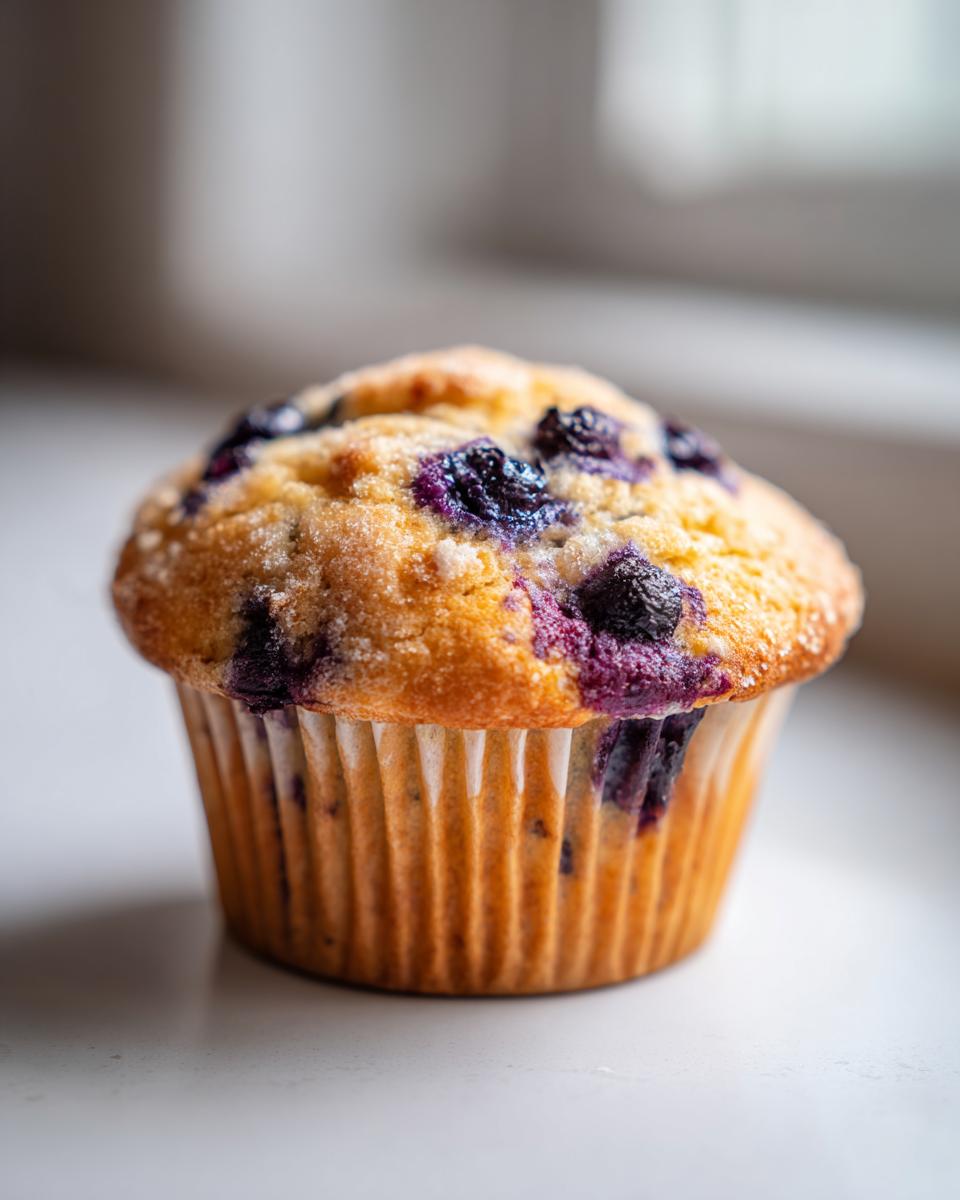 A single, golden-brown Vegan Blueberry Muffin topped with sugar crystals and bursting with blueberries.