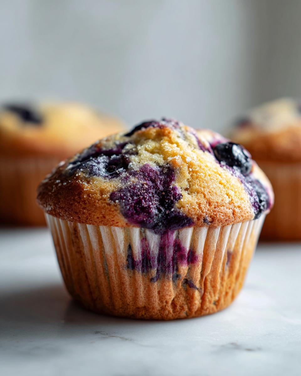 A close-up, detailed shot of a freshly baked Vegan Blueberry Muffin topped with coarse sugar.