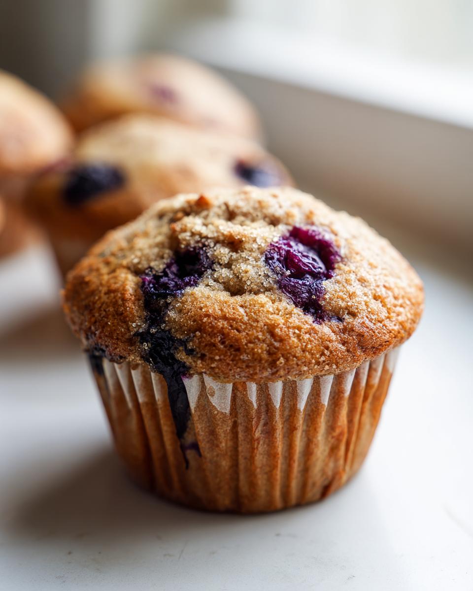 A close-up of a perfectly baked Vegan Blueberry Muffin topped with coarse sugar, sitting in a white liner.