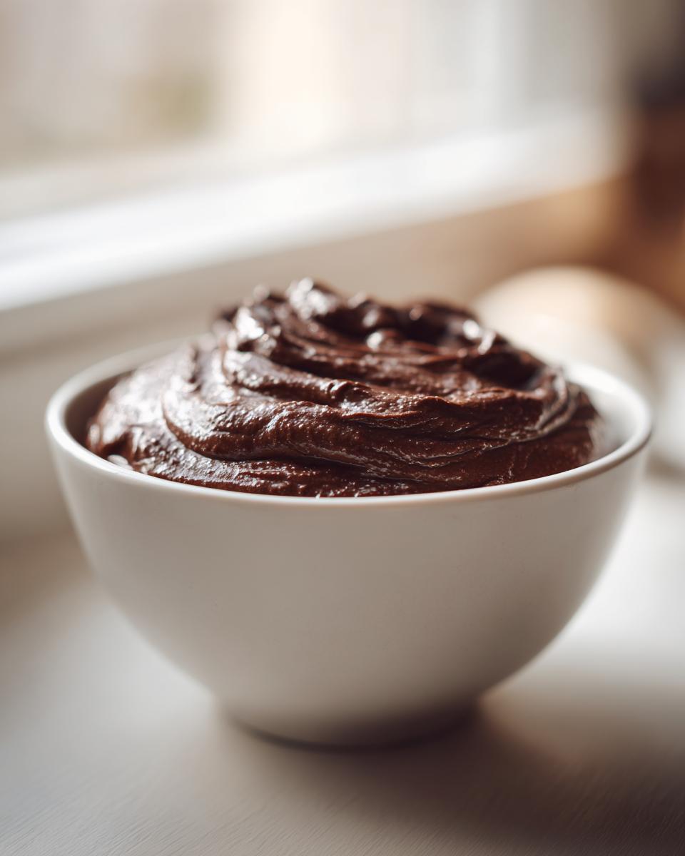 A close-up of rich, dark Vegan Chocolate Avocado Pudding swirled high in a small white bowl.