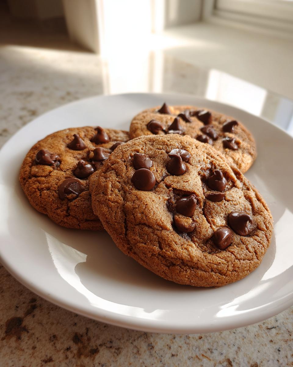 Three freshly baked Vegan Chocolate Chip Cookies piled on a white plate, glistening with melted chocolate chips.