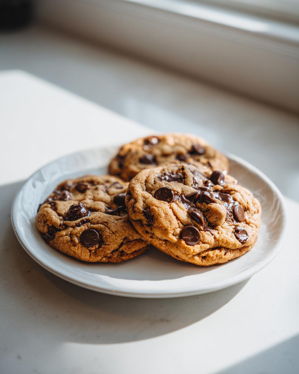 Three perfectly baked Vegan Chocolate Chip Cookies stacked slightly on a white plate near a window.